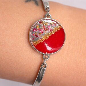 Red Resin Charm Bracelet, Gold Foil Jewelry, Handmade Statement Bracelet
